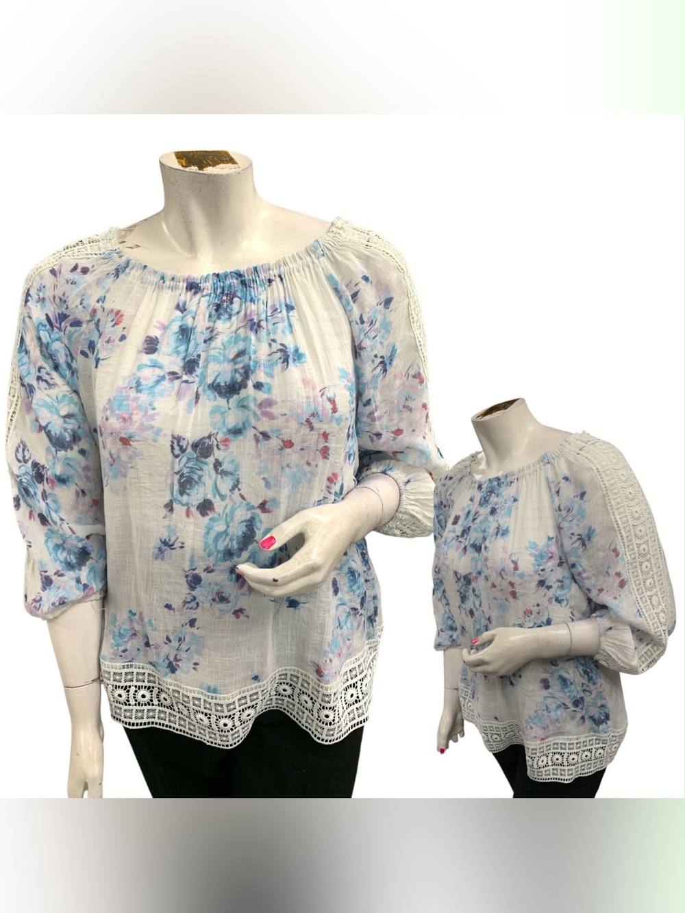 Zac & Rachel Blue Floral Lace-Trim Peasant Top Size XL